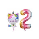 Unicorn Kedi Balon Gökkuşağı Renkli Sayı Doğum Günü Set Yaş 2
