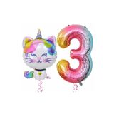 Unicorn Kedi Balon Gökkuşağı Renkli Sayı Doğum Günü Set Yaş 3