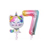 Unicorn Kedi Balon Gökkuşağı Renkli Sayı Doğum Günü Set Yaş 7