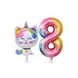 Unicorn Kedi Balon Gökkuşağı Renkli Sayı Doğum Günü Set Yaş 8