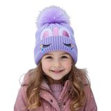 Unicorn Nakışlı İçi Polar Kız Çocuk Kışlık Bere, Lila, Ponponlu, Kaşlı Örgü