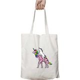 Unicorn Riding Girafficorn Iki Tarafı Kalıcı Baskılı Yıkanabilir Okul Plaj Omuz Bez Çantası
