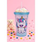 Unicorn Temalı Suluk Pipetli Buzlu Cam Görünümlü 450 ml Çift Katman Mika Su Şişesi 2646 Mavi - 1