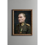 Üniformalı Atatürk Portresi - Vintage Desenli Çerçeve - İnce Model, Altın2, 15 x 21