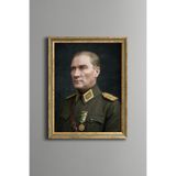 Üniformalı Atatürk Portresi - Vintage Desenli Çerçeve - İnce Model, Altın4, 15 x 21