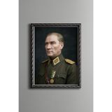 Üniformalı Atatürk Portresi - Vintage Desenli Çerçeve - İnce Model, Gümüş, 30 x 40