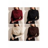 unika boutique Kadın Siyah Büzgü Detaylı Dik Yaka Sandy Bluz 4LÜ Avantajlı Paket Bordo, Siyah, Bej, Kahverengi