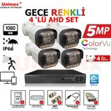 Unimax 4 Lü Gece Renkli Görüş Warmled Güvenlik Kamerası Su Geçirmez Full Hd Güvenlik Kamerası Seti 320GB HDD