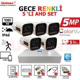 Unimax 5 Li Gece Renkli Görüş Warmled Güvenlik Kamerası Su Geçirmez Full Hd Güvenlik Kamerası Seti 320GB HDD