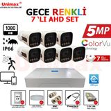 Unimax 7 Li Gece Renkli Görüş Warmled Güvenlik Kamerası Su Geçirmez Full Hd Güvenlik Kamerası Seti 320GB HDD