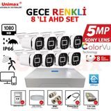 Unimax Gece Renkli 5mp Sony Lens 8 Kameralı Güvenlik Seti | 100M Kablo | 30M Gece Görüş | Xmeye