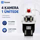 Uninet 8mp 4 Kameralı Wifi Ptz Döner Başlıklı Güvenlik Kamerası – 3 Sabit + 1 Hareketli, Polis Çakarı, ve Gece Görüşü