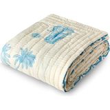 Uniqlooms Lotus Açık Mavi Desenli Organik Pamuk El Yapımı Çift Kişilik Yatak Örtüsü 210 x 240 cm - Standart