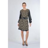 Unique Fashion Kadın Leopar Desenli Deri Detaylı Uzun Kollu Midi Elbise, Siyah, M Beden