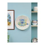 unique florya Mavi Yeşil Fincan Desenli Duvar Tabağı Vintage Çay Keyfi Duvar Süsü Dekoratif Tabak 26cm El yapımı