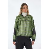 Unique Mode Oversize Houndstooth Desenli Fermuarlı Kadın Ceket - Günlük Şıklık - Siyah