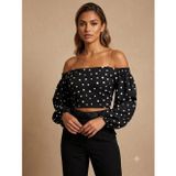 UNIQUE Puantiyeli Düşük Omuz Crop Bluz 247019