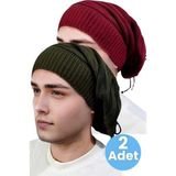 Uniquetrenders 2'Li Erkek Kışlık Triko Örgü Bere Ve Boyunluk Bordo - Haki