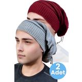 Uniquetrenders 2'Li Erkek Kışlık Triko Örgü Bere Ve Boyunluk Gri - Bordo