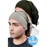 Uniquetrenders 2'Li Erkek Kışlık Triko Örgü Bere Ve Boyunluk Haki - Camel