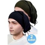 Uniquetrenders 2'Li Erkek Kışlık Triko Örgü Bere Ve Boyunluk Haki - Siyah