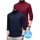 Uniquetrenders 2'li Erkek Tüylenmeyen Boğazlı Triko Kazak Balıkçı Triko Kazak - Bordo - Lacivert