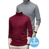 Uniquetrenders 2'li Erkek Tüylenmeyen Boğazlı Triko Kazak Balıkçı Triko Kazak - Füme - Bordo