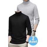 Uniquetrenders 2'Li Erkek Tüylenmeyen Boğazlı Triko Kazak Balıkçı Triko Kazak Gri - Siyah 2XL