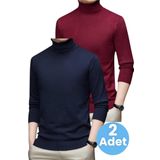 Uniquetrenders 2'Li Erkek Tüylenmeyen Boğazlı Triko Kazak Balıkçı Triko Kazak Lacivert - Bordo XL