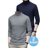 Uniquetrenders 2'Li Erkek Tüylenmeyen Boğazlı Triko Kazak Balıkçı Triko Kazak Lacivert - Füme XL