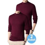 Uniquetrenders 2'Li Erkek Tüylenmeyen Yarım Boğazlı Triko Kazak Yarım Balıkçı Triko Kazak Bordo - Bordo 2XL
