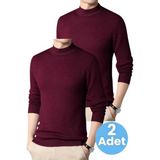 Uniquetrenders 2'Li Erkek Tüylenmeyen Yarım Boğazlı Triko Kazak Yarım Balıkçı Triko Kazak Bordo - Bordo XL