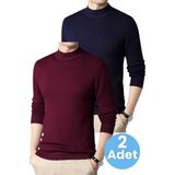 Uniquetrenders 2'Li Erkek Tüylenmeyen Yarım Boğazlı Triko Kazak Yarım Balıkçı Triko Kazak Bordo - Lacivert 2XL