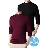 Uniquetrenders 2'Li Erkek Tüylenmeyen Yarım Boğazlı Triko Kazak Yarım Balıkçı Triko Kazak Bordo - Siyah XL