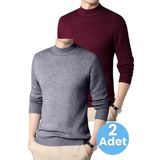 Uniquetrenders 2'Li Erkek Tüylenmeyen Yarım Boğazlı Triko Kazak Yarım Balıkçı Triko Kazak Füme - Bordo 2XL