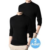 Uniquetrenders 2'Li Erkek Tüylenmeyen Yarım Boğazlı Triko Kazak Yarım Balıkçı Triko Kazak Siyah - Siyah 2XL