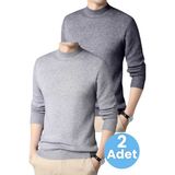 Uniquetrenders 2'li Erkek Tüylenmeyen Yarım Boğazlı Triko Kazak Yarım Balıkçı Triko Kazak - XL - Gri - Füme