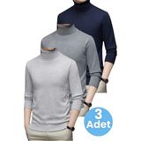 Uniquetrenders 3'lü Erkek Tüylenmeyen Boğazlı Triko Kazak Balıkçı Triko Kazak - 2XL - Lacivert - Füme - Gri