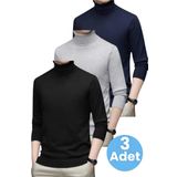 Uniquetrenders 3'Lü Erkek Tüylenmeyen Boğazlı Triko Kazak Balıkçı Triko Kazak Lacivert - Gri - Siyah 2XL