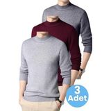 Uniquetrenders 3'Lü Erkek Tüylenmeyen Yarım Boğazlı Triko Kazak Yarım Balıkçı Triko Kazak Gri - Bordo - Füme 2XL