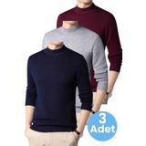 Uniquetrenders 3'Lü Erkek Tüylenmeyen Yarım Boğazlı Triko Kazak Yarım Balıkçı Triko Kazak Lacivert - Gri - Bordo 2XL
