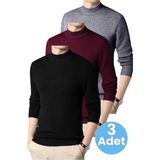 Uniquetrenders 3'lü Erkek Tüylenmeyen Yarım Boğazlı Triko Kazak Yarım Balıkçı Triko Kazak - Siyah - Bordo - Füme