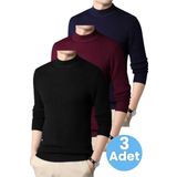 Uniquetrenders 3'Lü Erkek Tüylenmeyen Yarım Boğazlı Triko Kazak Yarım Balıkçı Triko Kazak Siyah - Bordo - Lacivert S