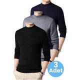 Uniquetrenders 3'lü Erkek Tüylenmeyen Yarım Boğazlı Triko Kazak Yarım Balıkçı Triko Kazak - Siyah - Füme - Lacivert