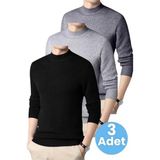 Uniquetrenders 3'Lü Erkek Tüylenmeyen Yarım Boğazlı Triko Kazak Yarım Balıkçı Triko Kazak Siyah - Gri - Füme L