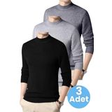 Uniquetrenders 3'Lü Erkek Tüylenmeyen Yarım Boğazlı Triko Kazak Yarım Balıkçı Triko Kazak Siyah - Gri - Füme M