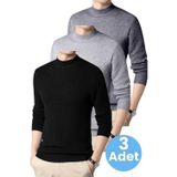 Uniquetrenders 3'Lü Erkek Tüylenmeyen Yarım Boğazlı Triko Kazak Yarım Balıkçı Triko Kazak Siyah - Gri - Füme S