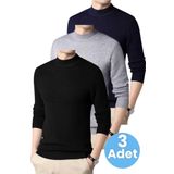 Uniquetrenders 3'Lü Erkek Tüylenmeyen Yarım Boğazlı Triko Kazak Yarım Balıkçı Triko Kazak Siyah - Gri - Lacivert 2XL