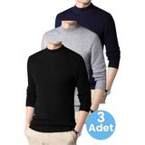 Uniquetrenders 3'lü Erkek Tüylenmeyen Yarım Boğazlı Triko Kazak Yarım Balıkçı Triko Kazak - Siyah - Gri - Lacivert