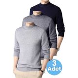 Uniquetrenders 3'lü Erkek Tüylenmeyen Yarım Boğazlı Triko Kazak Yarım Balıkçı Triko Kazak - XL - Gri - Füme - Lacivert